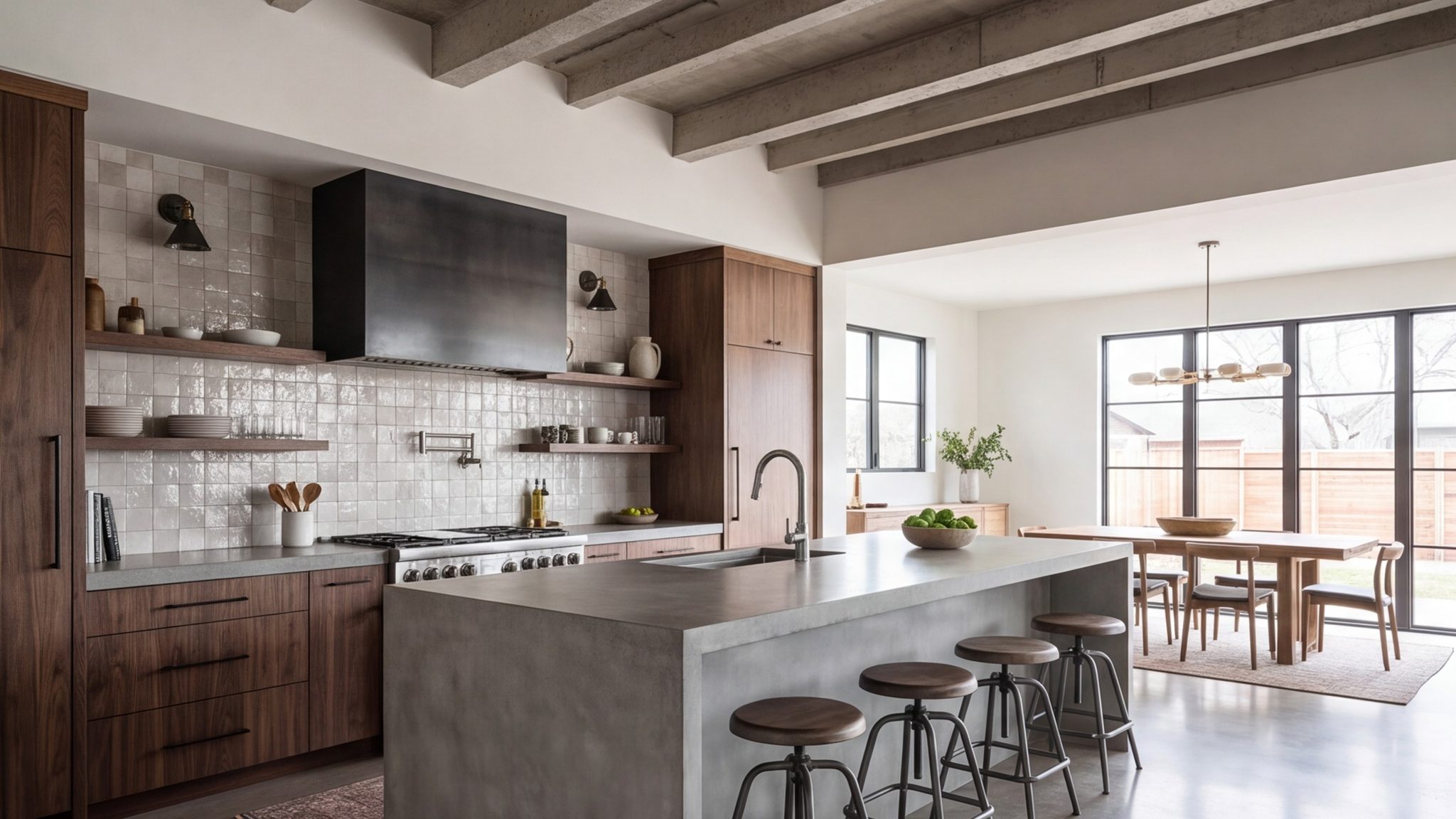 Modern open-plan kitchen remodel in Dallas with a long island and dining area